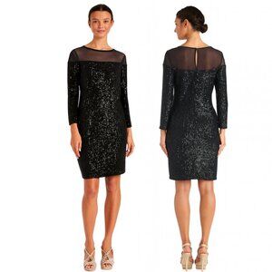R&M Richards Women’s 12 Black Sequin Sheath Cocktail Dress Illusion Necklin 3/4